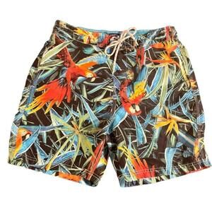 Size M Men's Caribbean Joe Swim Trunks Board Shorts Black Tropical Print Birds